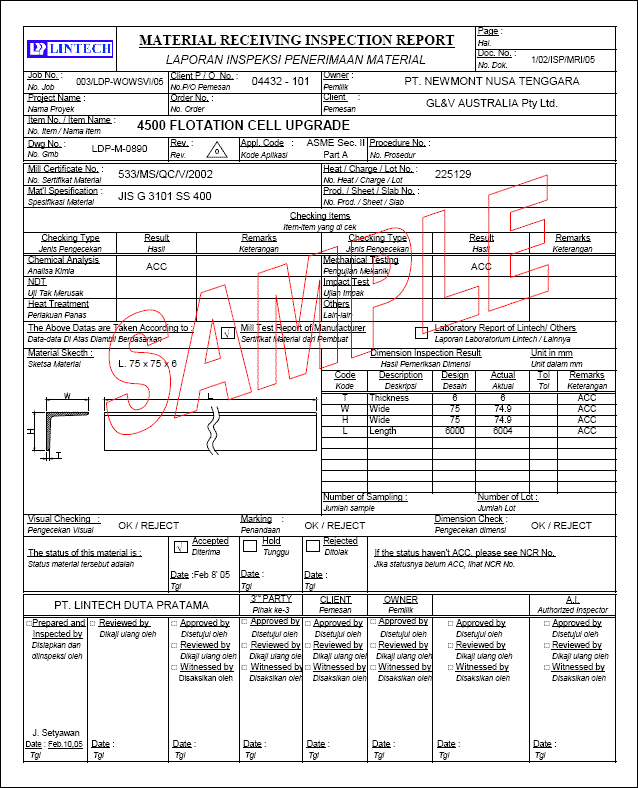 Quality Control Form Sample